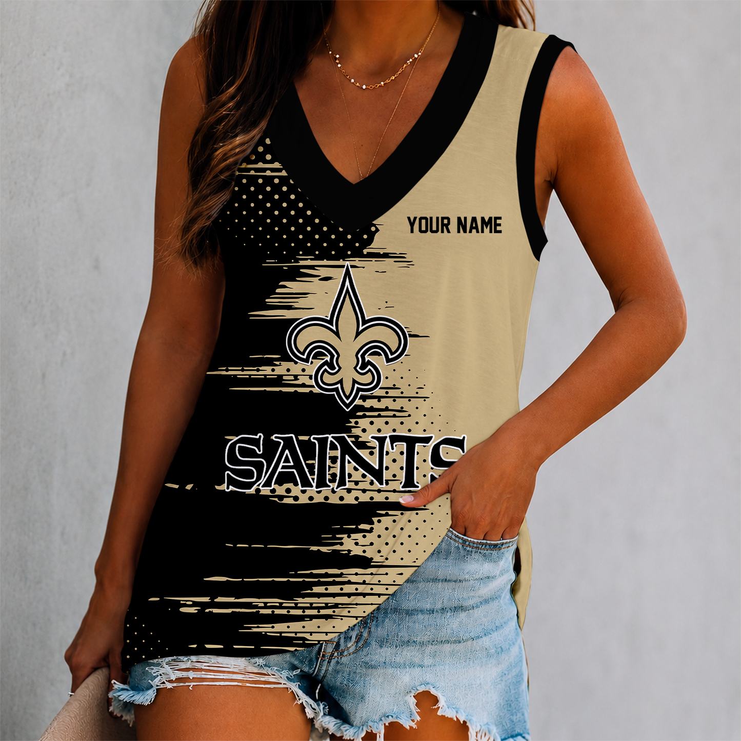 FINAL SALE - NEW CUSTOMIZED NFL24 NOS NEW ORLEANS SAINTS WOMEN'S V-NECK TANK TOP