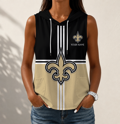 FINAL SALE - NEW CUSTOMIZED NFL24 NOS NEW ORLEANS SAINTS WOMEN'S SLEEVELESS HOODED POCKET TANK TOP