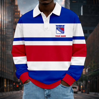 LIMITED EDITION - NEW CUSTOMIZED NHL24 NYR NY RANGERS MEN LONG SLEEVE POLO