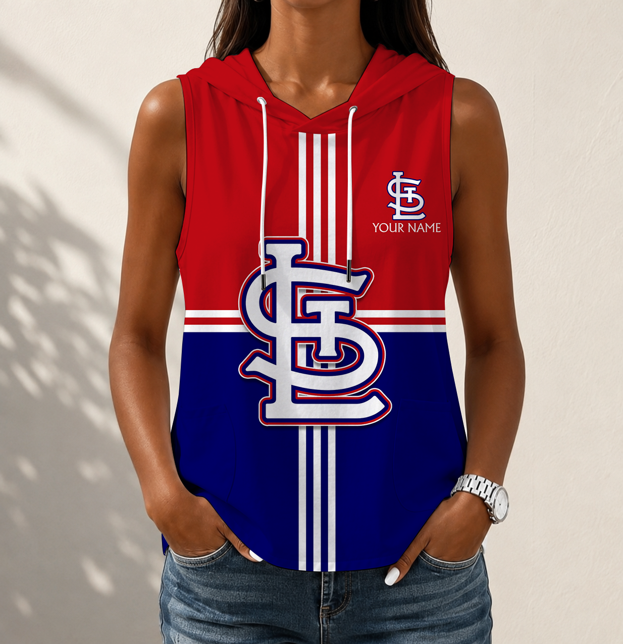 VIRAL EDITION - NEW CUSTOMIZED MLB24 SLC ST. LOUIS CARDINALS WOMEN'S SLEEVELESS HOODED POCKET TANK TOP