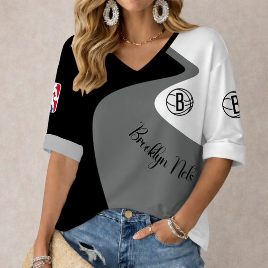 FINAL SALE - NEW CUSTOMIZED NBA25 BNE BROOKLYN NETS WOMEN'S V-NECK LONG SLEEVE SHIRT