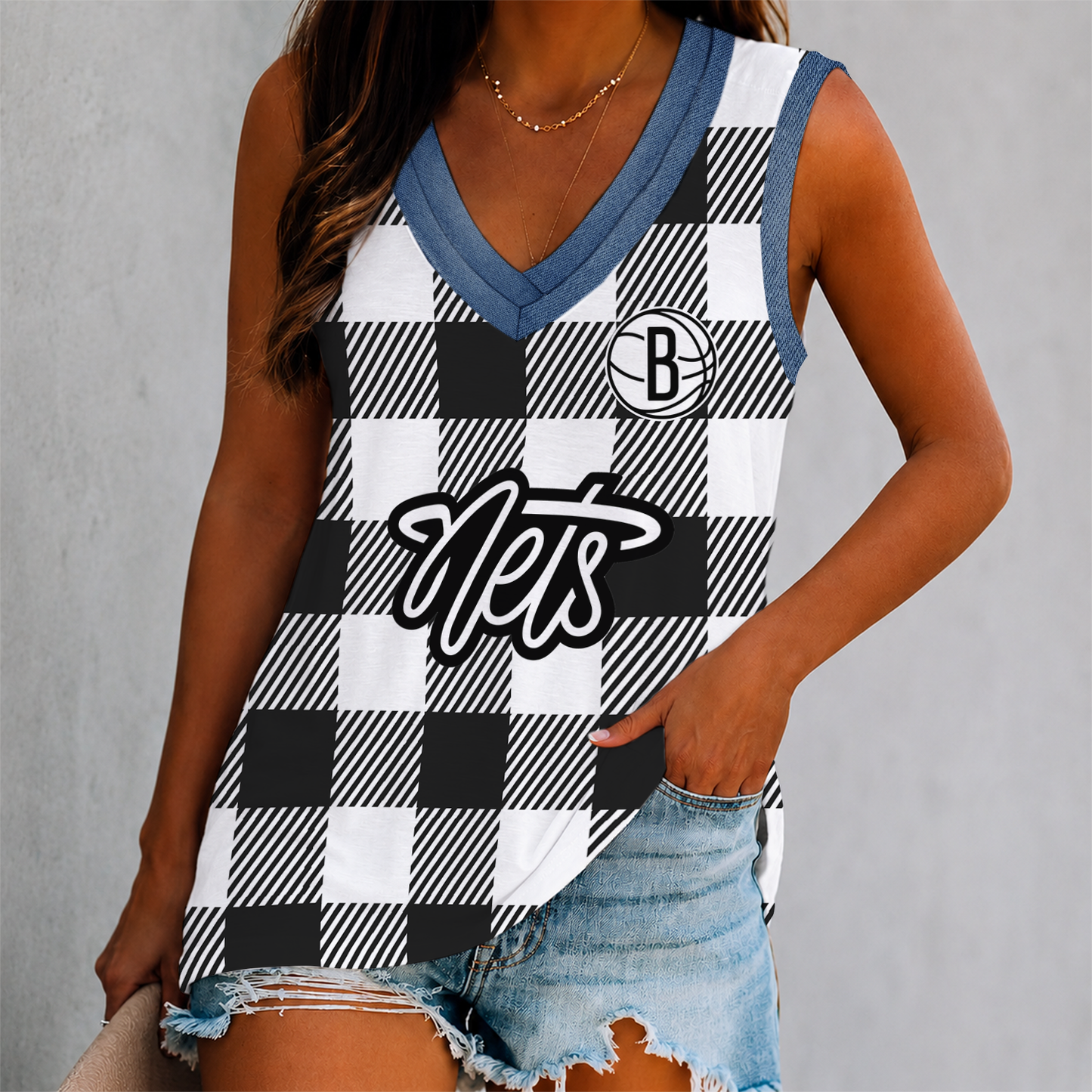 VIRAL EDITION - NEW CUSTOMIZED NBA25 BNE BROOKLYN NETS WOMEN'S V-NECK TANK TOP