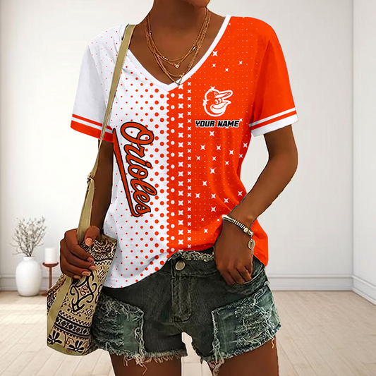 FINAL SALE - NEW CUSTOMIZED MLB25 BOS BALTIMORE ORIOLES V-NECK FEMALE SHIRT