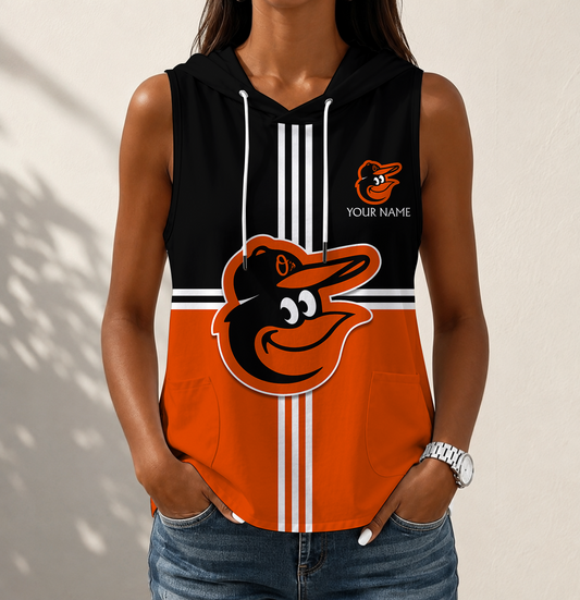 VIRAL EDITION - NEW CUSTOMIZED MLB25 BOS BALTIMORE ORIOLES WOMEN'S SLEEVELESS HOODED POCKET TANK TOP