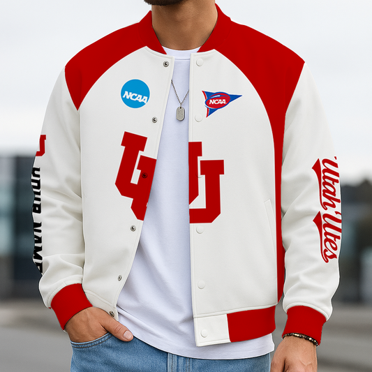 LIMITED DROP - NEW CUSTOMIZED NCAA FOOTBALL BOWL SUBDIVISION 25 UTU UTAH UTES BASEBALL JACKET, SATIN VARSITY JACKET