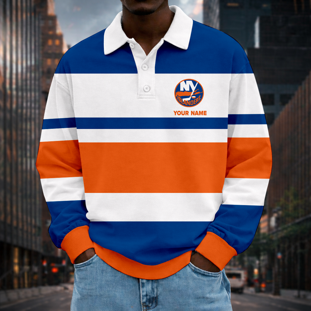 LIMITED EDITION - NEW CUSTOMIZED NHL25 NYI NY ISLANDERS MEN LONG SLEEVE POLO
