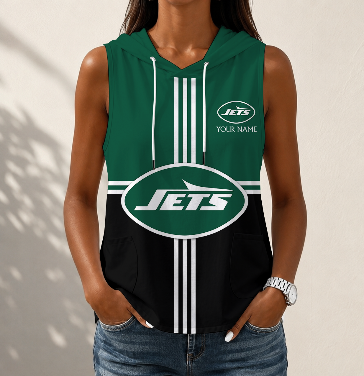 FINAL SALE - NEW CUSTOMIZED NFL25 NYJ NEW YORK JETS WOMEN'S SLEEVELESS HOODED POCKET TANK TOP