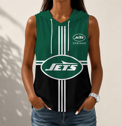 FINAL SALE - NEW CUSTOMIZED NFL25 NYJ NEW YORK JETS WOMEN'S SLEEVELESS HOODED POCKET TANK TOP