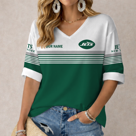 LIMITED EDITION - NEW CUSTOMIZED NFL25 NYJ NEW YORK JETS WOMEN'S HEART V-NECK LONG SLEEVE SHIRT