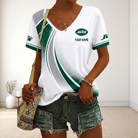 FINAL SALE - NEW CUSTOMIZED NFL25 NYJ NEW YORK JETS V-NECK FEMALE SHIRT