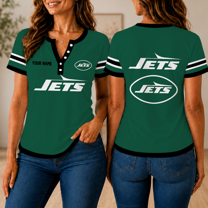 SPECIAL EDITION - NEW CUSTOMIZED NFL25 NYJ NEW YORK JETS WOMEN'S SHORT SLEEVE HENLEY T-SHIRT