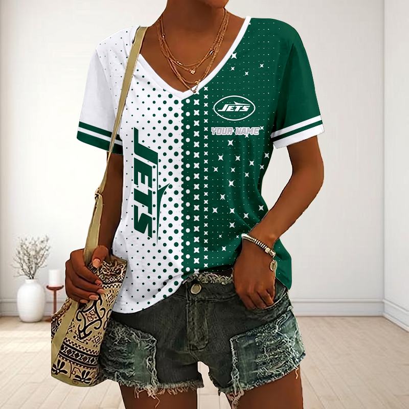 FINAL SALE - NEW CUSTOMIZED NFL25 NYJ NEW YORK JETS V-NECK FEMALE SHIRT
