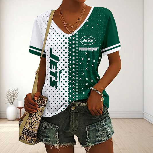 FINAL SALE - NEW CUSTOMIZED NFL25 NYJ NEW YORK JETS V-NECK FEMALE SHIRT