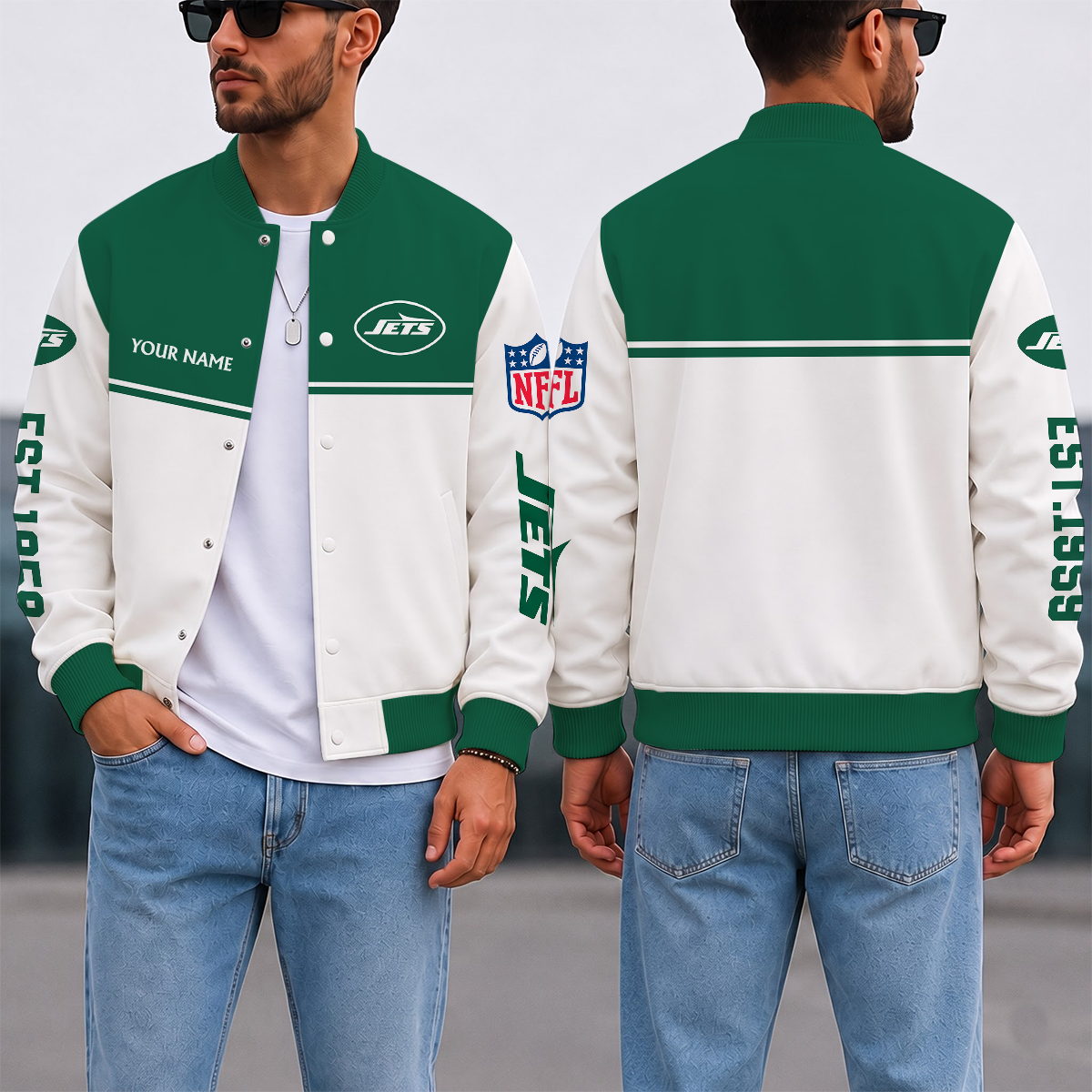 FINAL SALE - NEW CUSTOMIZED NFL25 NYJ NEW YORK JETS SATIN VARSITY & BASEBALL JACKET