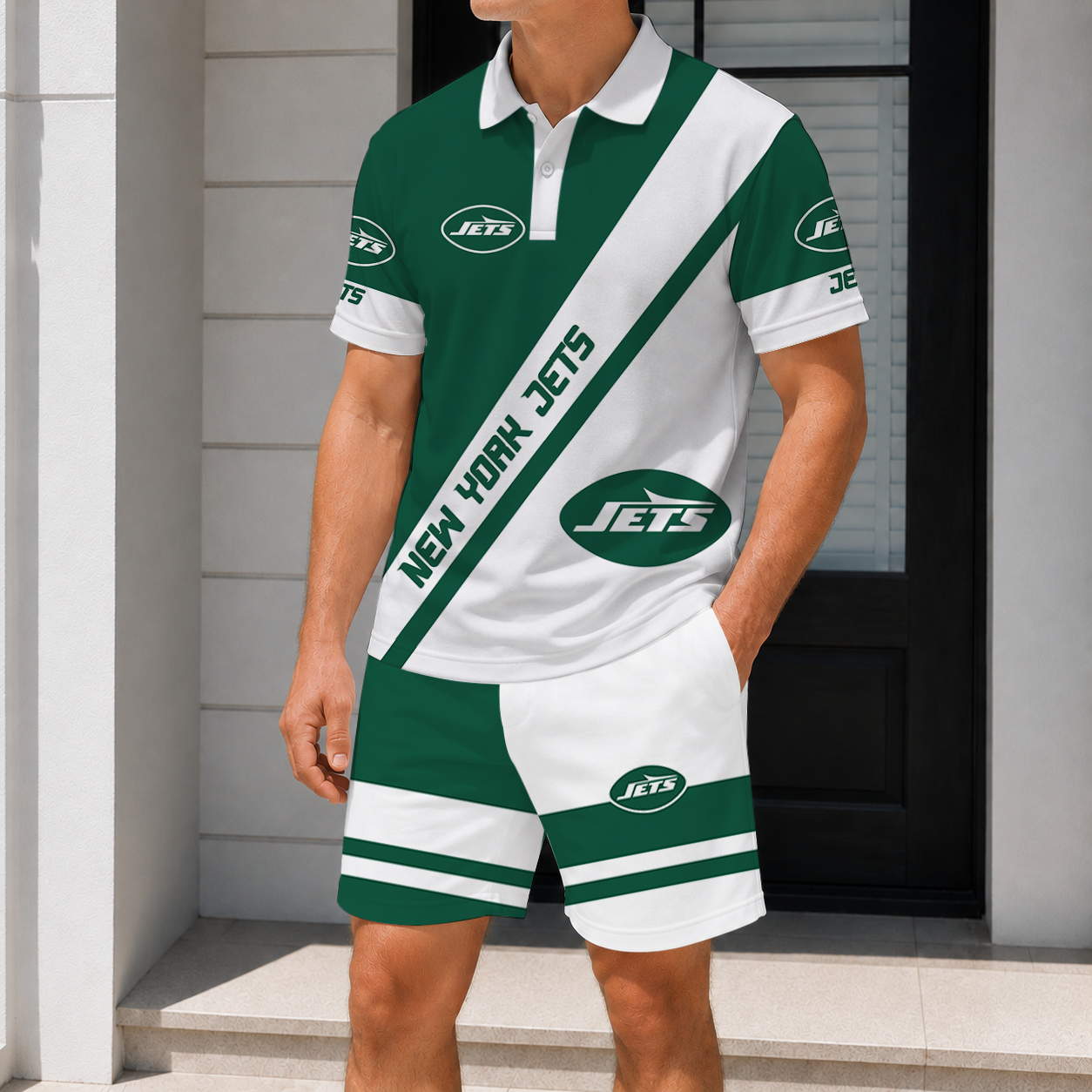FINAL SALE - NEW CUSTOMIZED NFL25 NYJ NEW YORK JETS POLO SHIRT & SHORT PANTS SET
