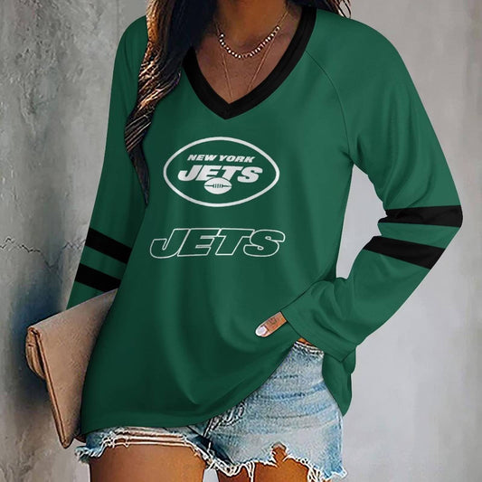 FLASH SALE - NEW CUSTOMIZED NFL25 NYJ NEW YORK JETS WOMEN'S V-NECK LONG SLEEVED SHIRT