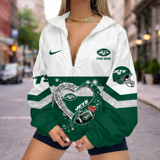 FINAL SALE - NEW CUSTOMIZED NFL25 NYJ NEW YORK JETS V-NECK ZIPPER SWEATSHIRT JACKET