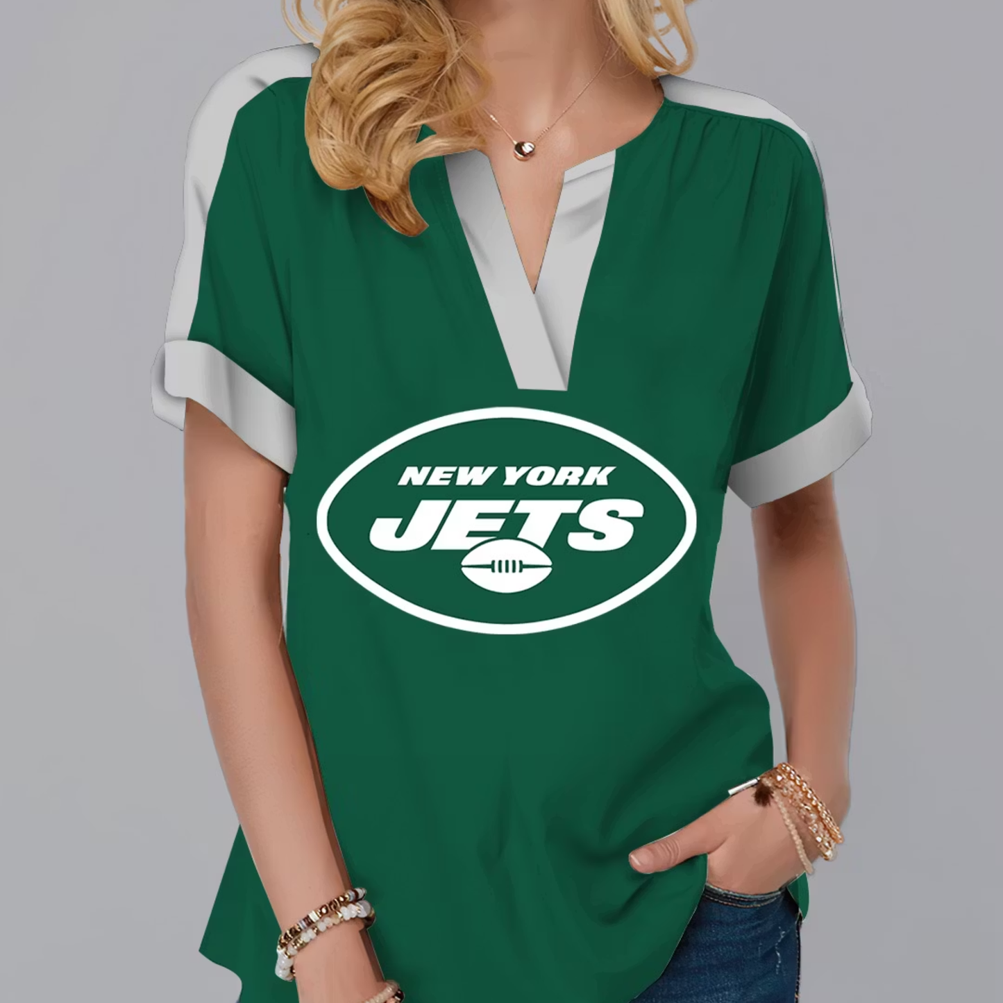 FINAL SALE - NEW CUSTOMIZED NFL25 NYJ NEW YORK JETS V-NECK FEMALE SHIRT