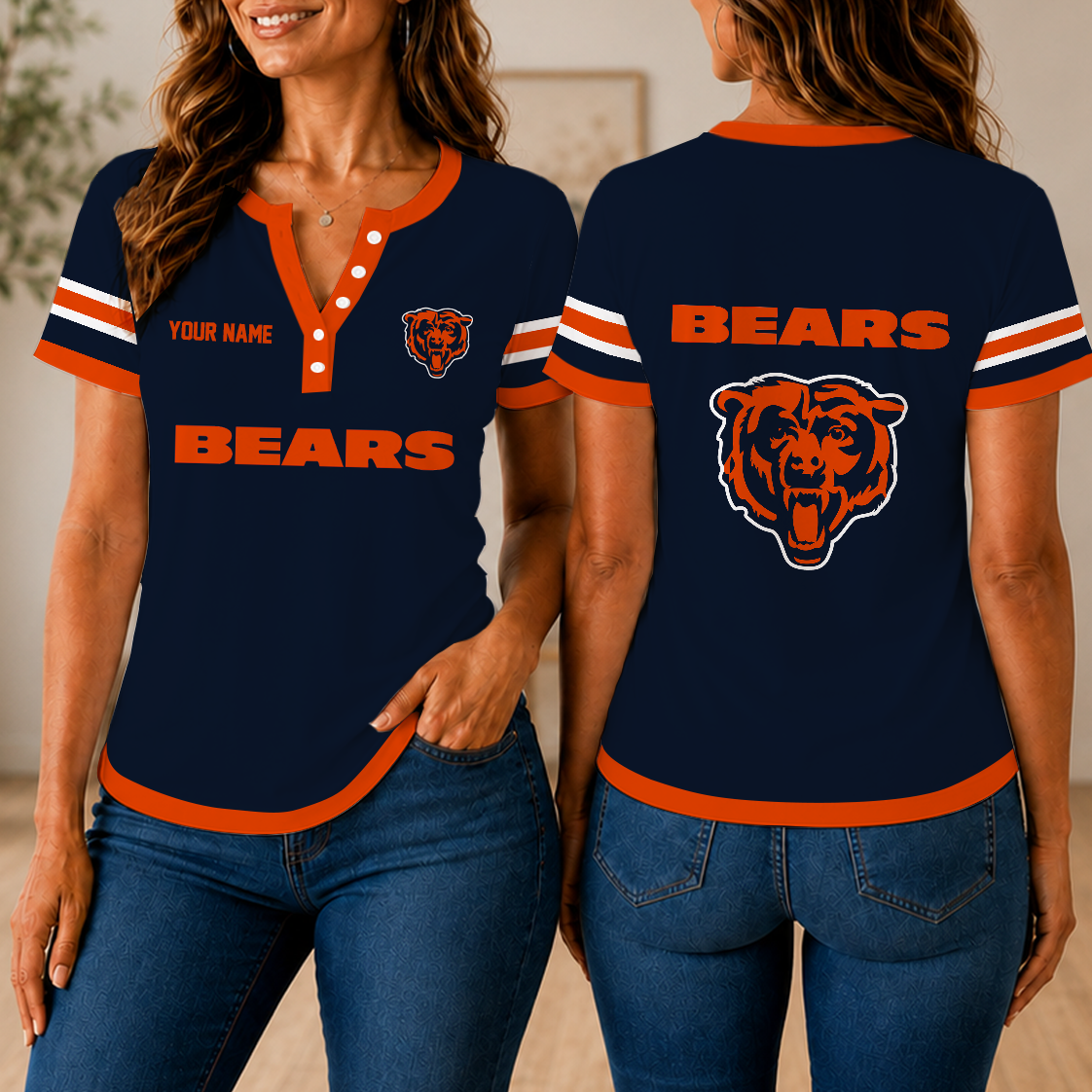 SPECIAL EDITION - NEW CUSTOMIZED NFL26 CCB CHICAGO BEARS WOMEN'S SHORT SLEEVE HENLEY T-SHIRT