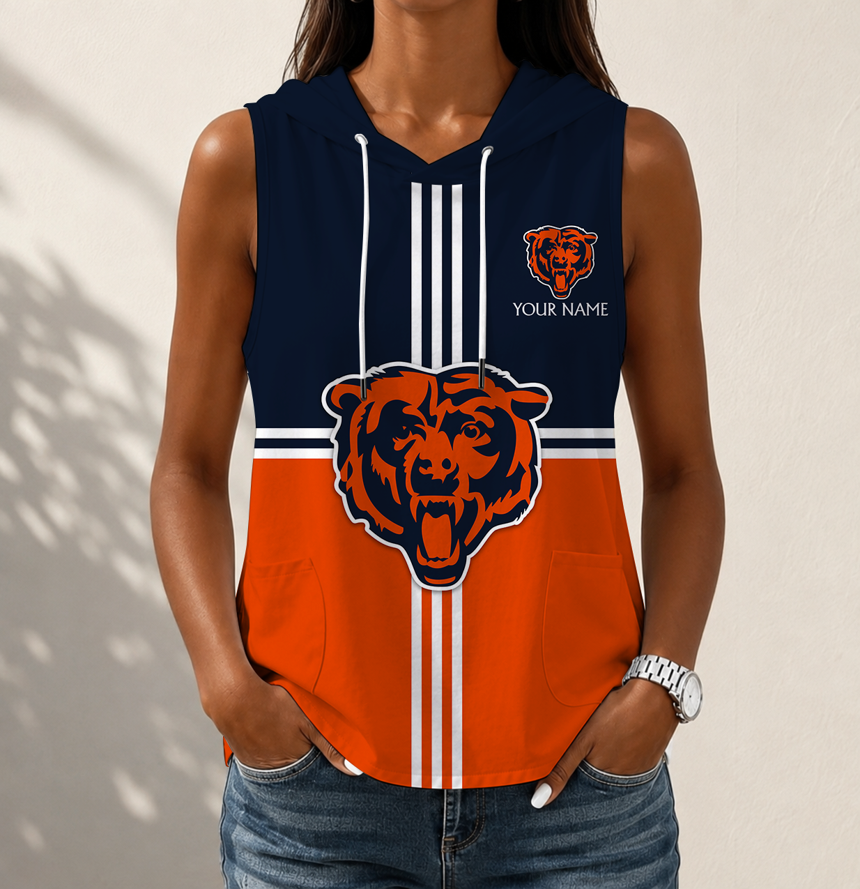 FINAL SALE - NEW CUSTOMIZED NFL26 CCB CHICAGO BEARS WOMEN'S SLEEVELESS HOODED POCKET TANK TOP