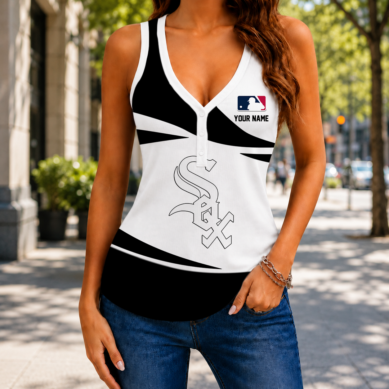 FINAL SALE - NEW CUSTOMIZED MLB26 CWS CHICAGO WHITE SOX WOMEN'S V-NECK TANK TOP