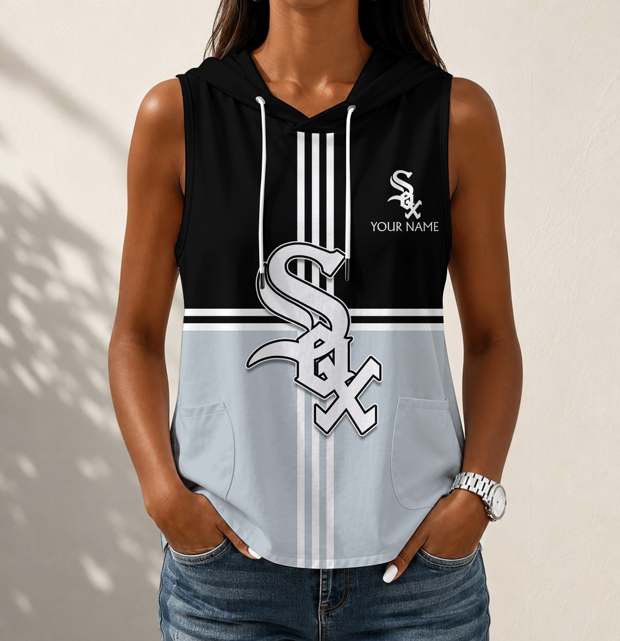 VIRAL EDITION - NEW CUSTOMIZED MLB26 CWS CHICAGO WHITE SOX WOMEN'S SLEEVELESS HOODED POCKET TANK TOP