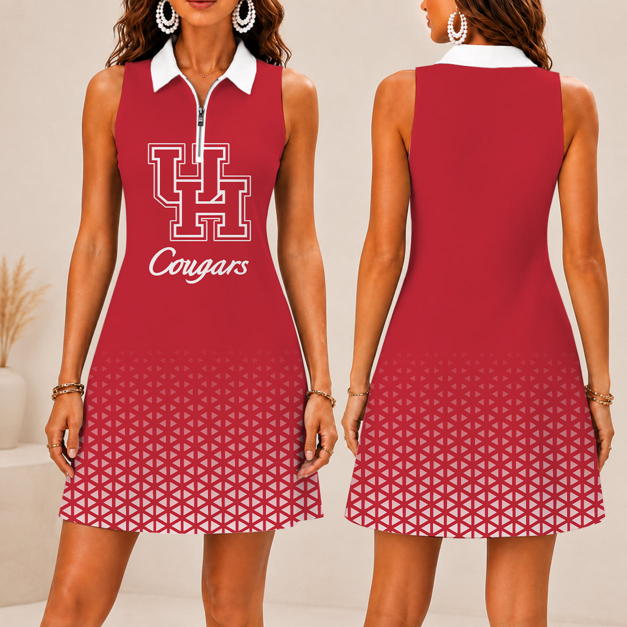 VIRAL EDITION - NEW CUSTOMIZED | NCAA MAM26 HOC HOUSTON COUGARS WOMEN'S ZIP SLEEVELESS POLO DRESS