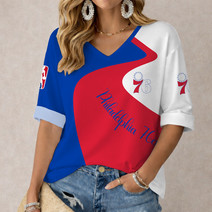 FINAL SALE - NEW CUSTOMIZED NBA26 P76 PHILADELPHIA 76ERS WOMEN'S V-NECK LONG SLEEVE SHIRT