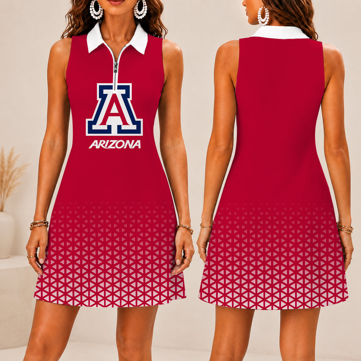 LIMITED EDITION - NEW CUSTOMIZED NCAA FBS27 ARW ARIZONA WILDCATS WOMEN'S ZIP SLEEVELESS POLO DRESS