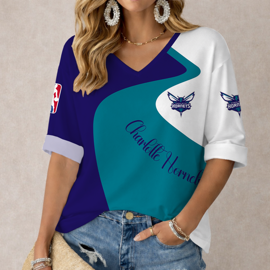 FINAL SALE - NEW CUSTOMIZED NBA27 CHO CHARLOTTE HORNETS WOMEN'S V-NECK LONG SLEEVE SHIRT