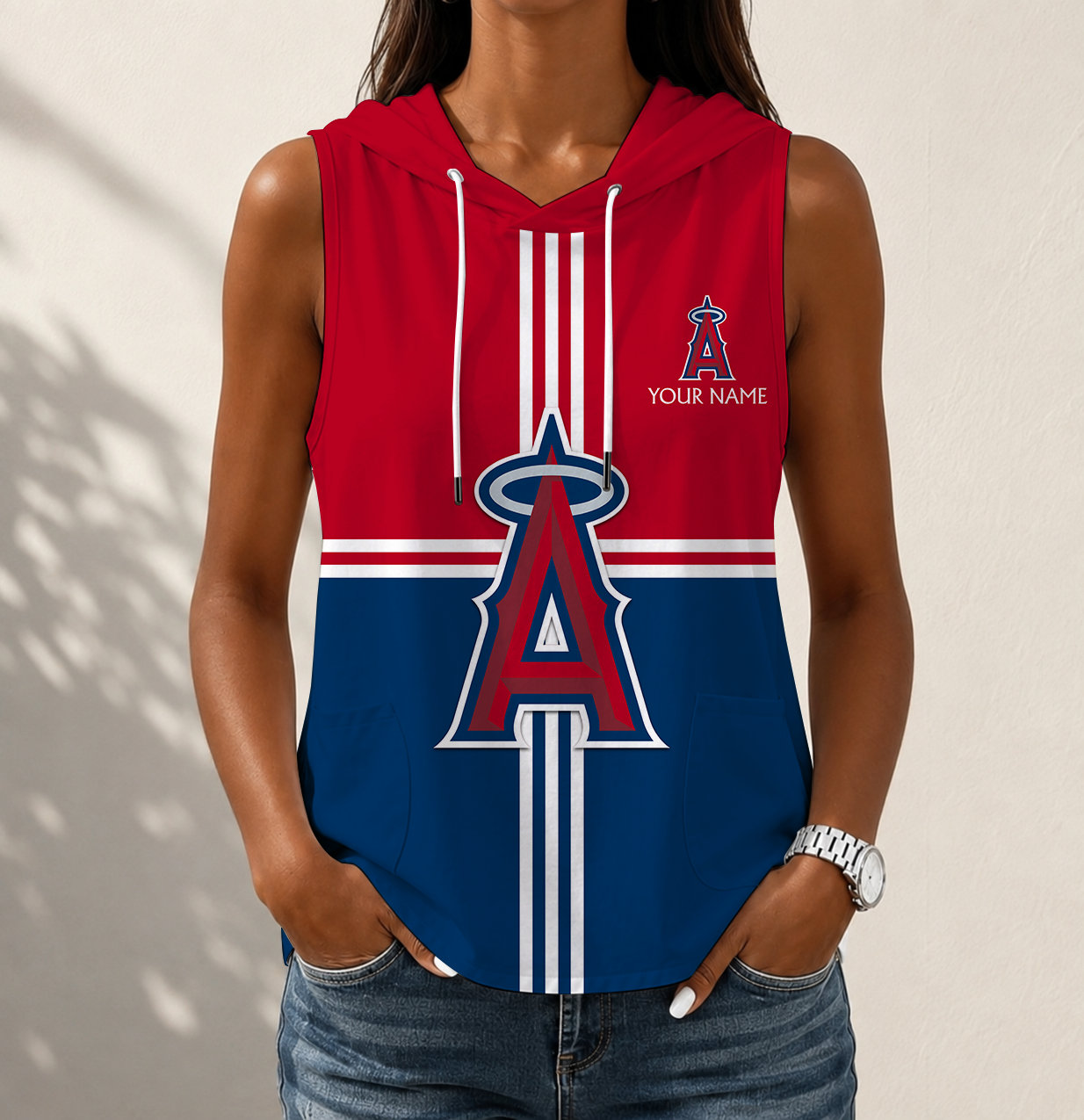 VIRAL EDITION - NEW CUSTOMIZED MLB27 LAA LOS ANGELES ANGELS WOMEN'S SLEEVELESS HOODED POCKET TANK TOP
