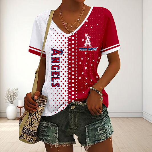 FINAL SALE - NEW CUSTOMIZED MLB27 LAA LOS ANGELES ANGELS V-NECK FEMALE SHIRT