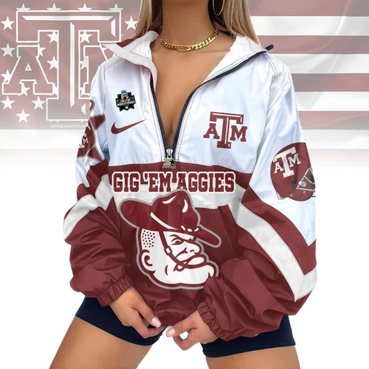 LIMITED EDITION - NEW CUSTOMIZED COLLEGE WORLD SERIES NCAA27 TEXAS A&M AGGIES V-NECK ZIPPER SWEATSHIRT JACKET