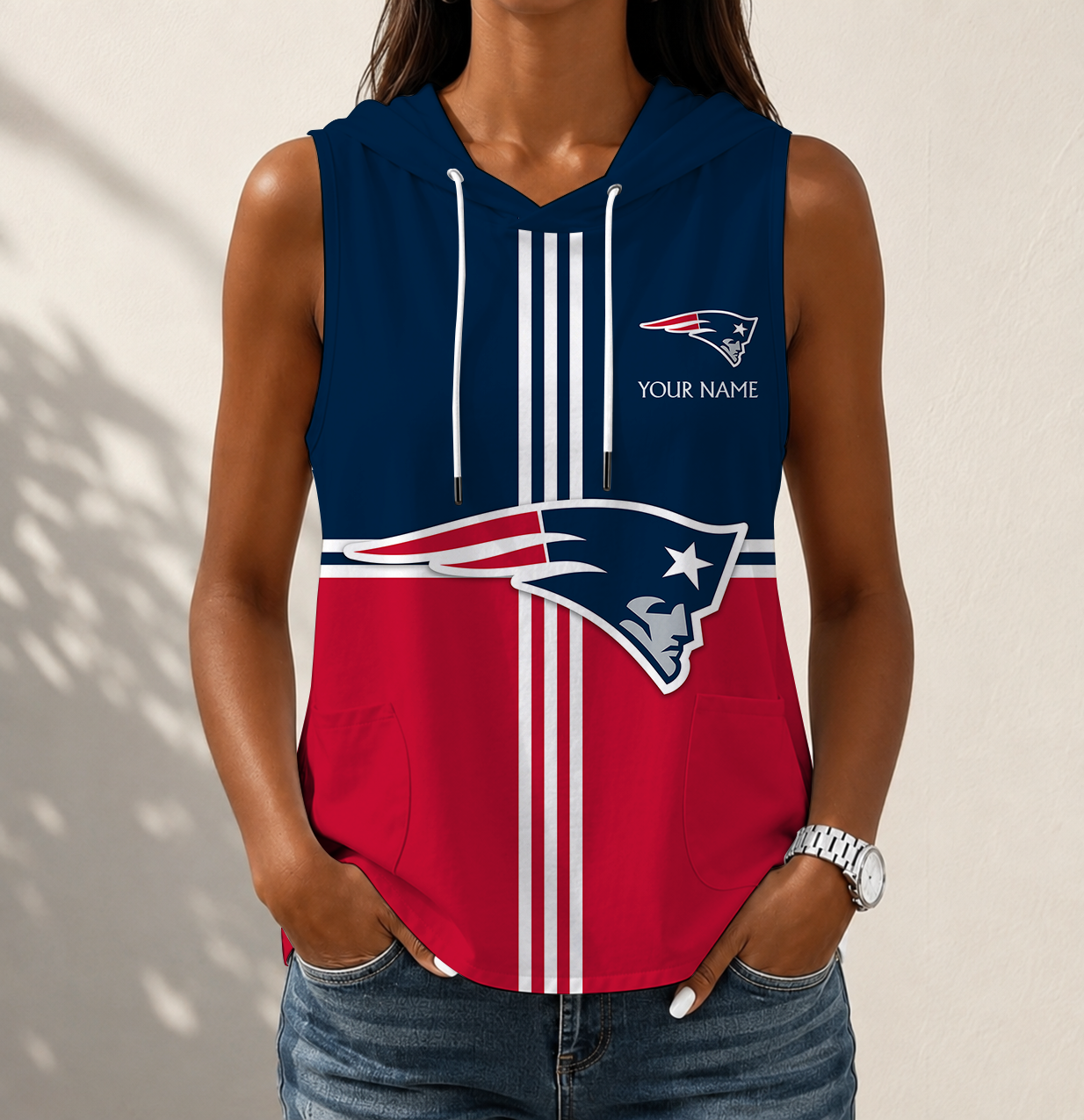FINAL SALE - NEW CUSTOMIZED NFL27 NEP NEW ENGLAND PATRIOTS WOMEN'S SLEEVELESS HOODED POCKET TANK TOP