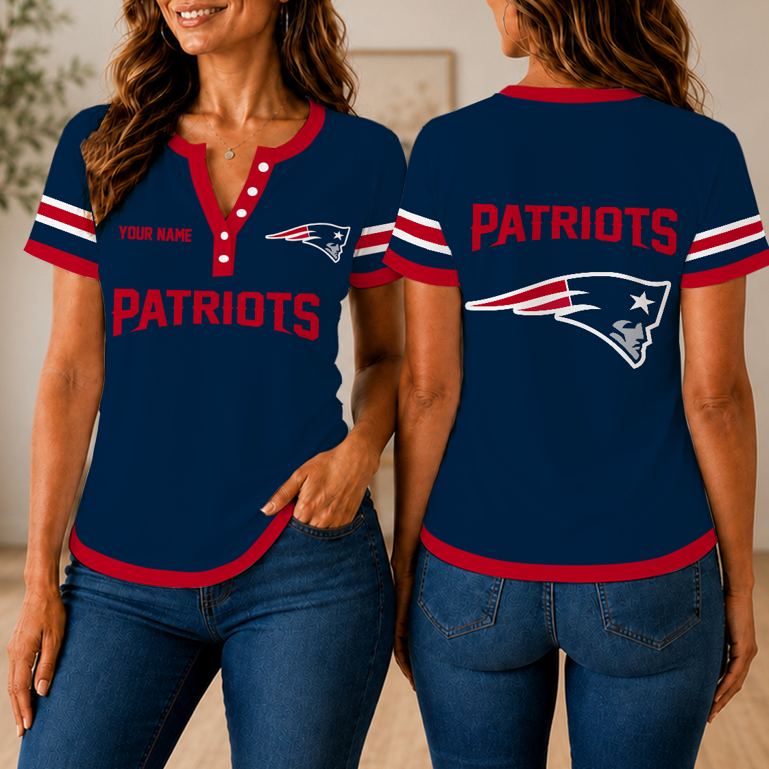 SPECIAL EDITION - NEW CUSTOMIZED NFL27 NEP NEW ENGLAND PATRIOTS WOMEN'S SHORT SLEEVE HENLEY T-SHIRT