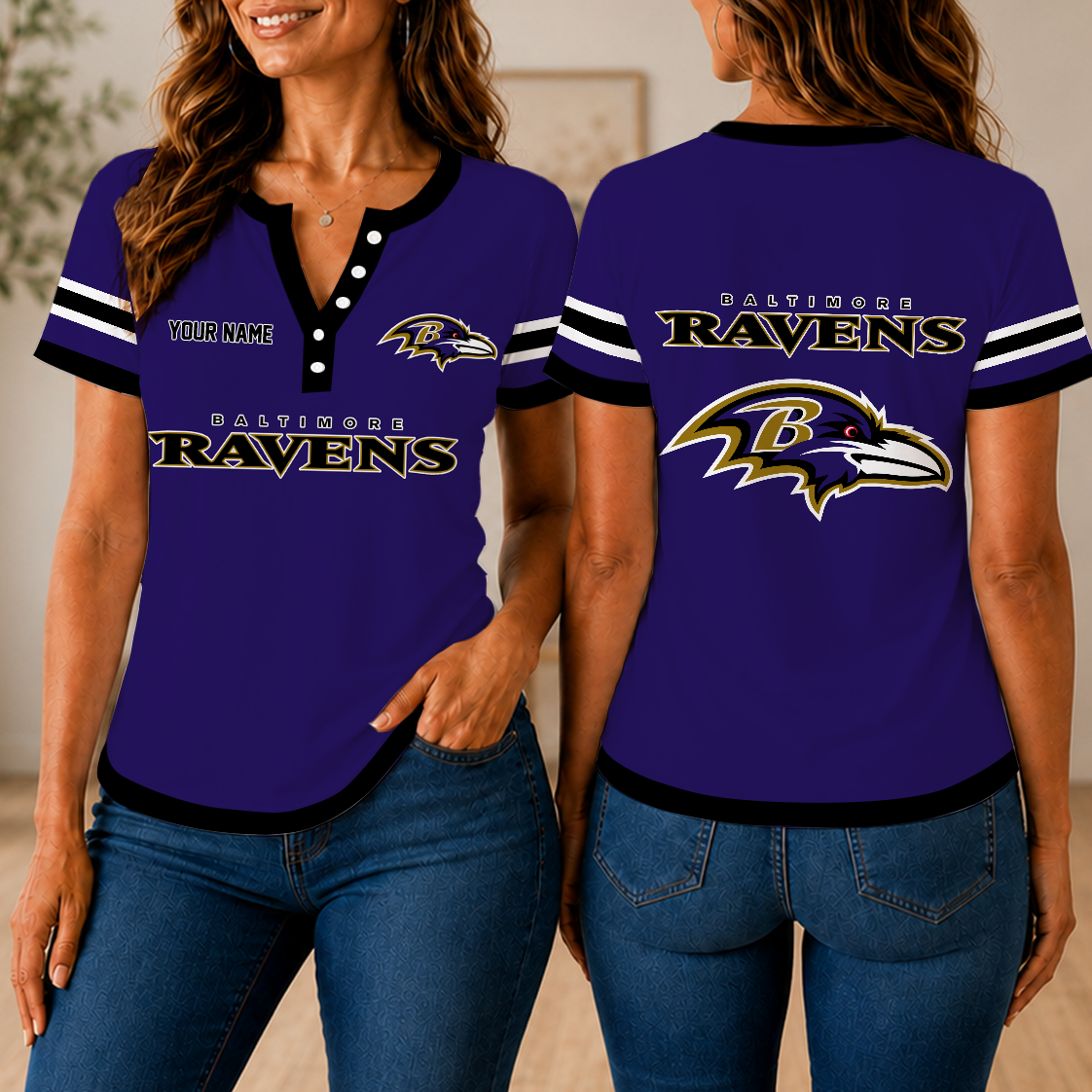 SPECIAL EDITION - NEW CUSTOMIZED NFL28 BTR BALTIMORE RAVENS WOMEN'S SHORT SLEEVE HENLEY T-SHIRT
