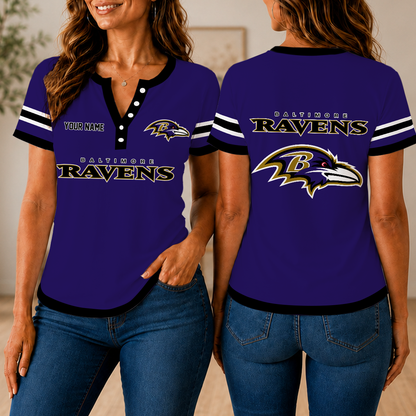 SPECIAL EDITION - NEW CUSTOMIZED NFL28 BTR BALTIMORE RAVENS WOMEN'S SHORT SLEEVE HENLEY T-SHIRT