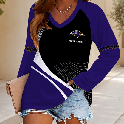 FINAL SALE - NEW CUSTOMIZED NFL28 BTR BALTIMORE RAVENS WOMEN'S V-NECK LONG SLEEVED SHIRT