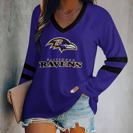FLASH SALE - NEW CUSTOMIZED NFL28 BTR BALTIMORE RAVENS WOMEN'S V-NECK LONG SLEEVED SHIRT