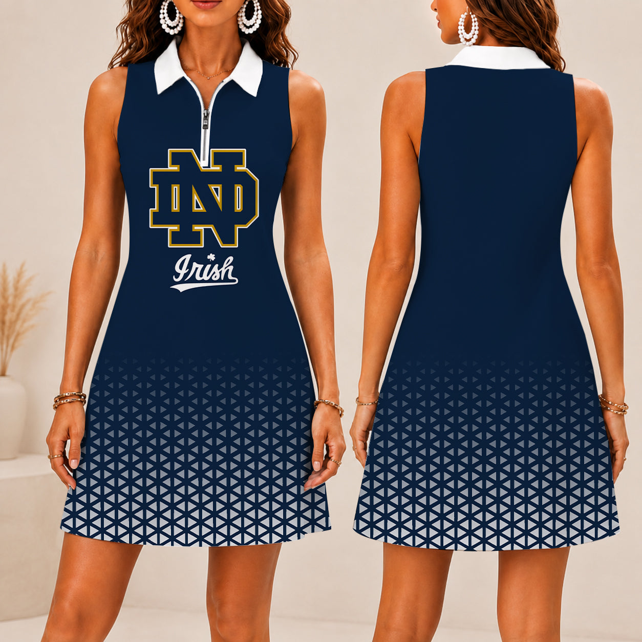LIMITED EDITION - NEW CUSTOMIZED NCAA FBS28 NFI NOTRE DAME FIGHTING IRISH WOMEN'S ZIP SLEEVELESS POLO DRESS