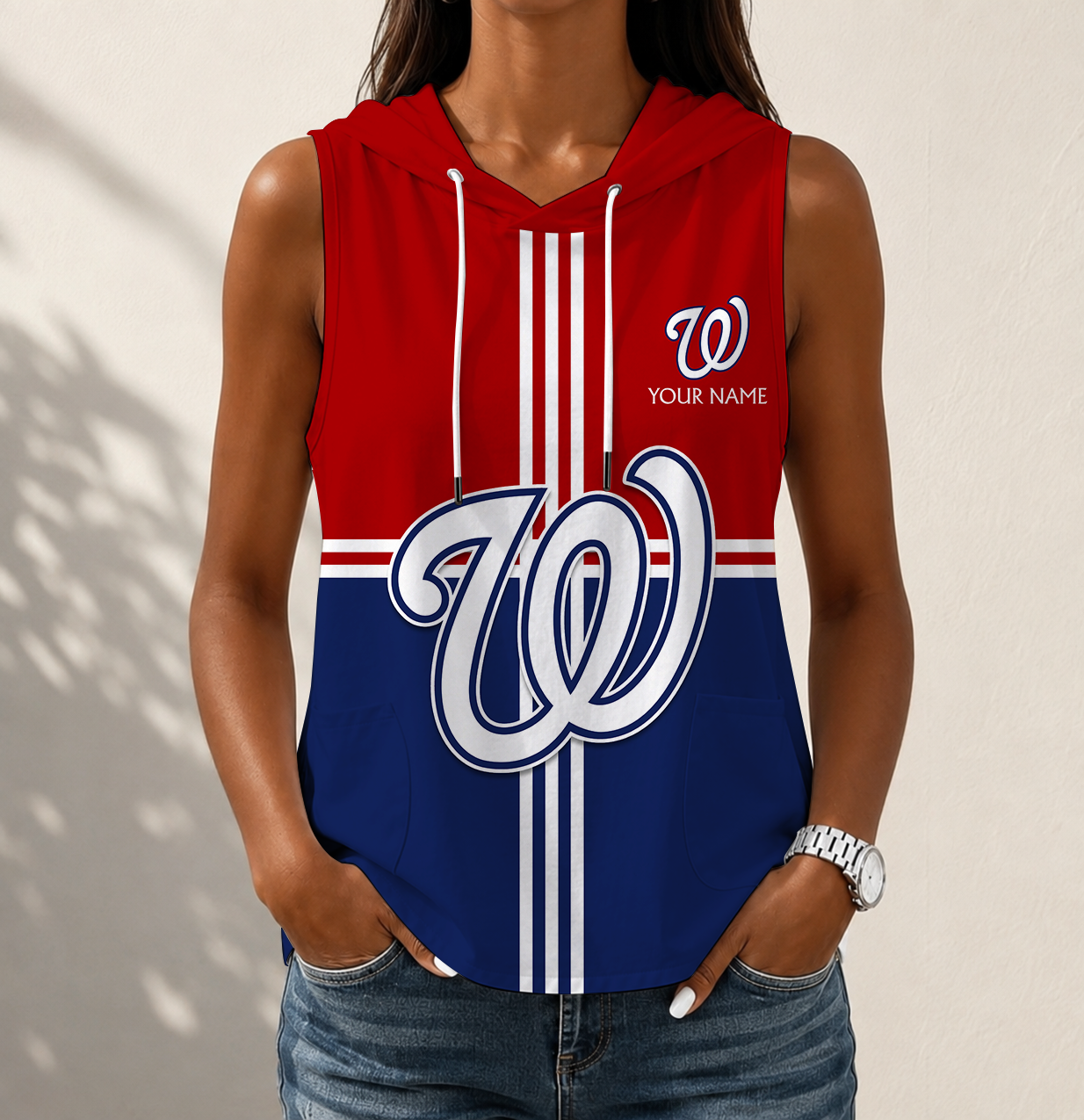 VIRAL EDITION - NEW CUSTOMIZED MLB28 WNS WASHINGTON NATIONALS WOMEN'S SLEEVELESS HOODED POCKET TANK TOP