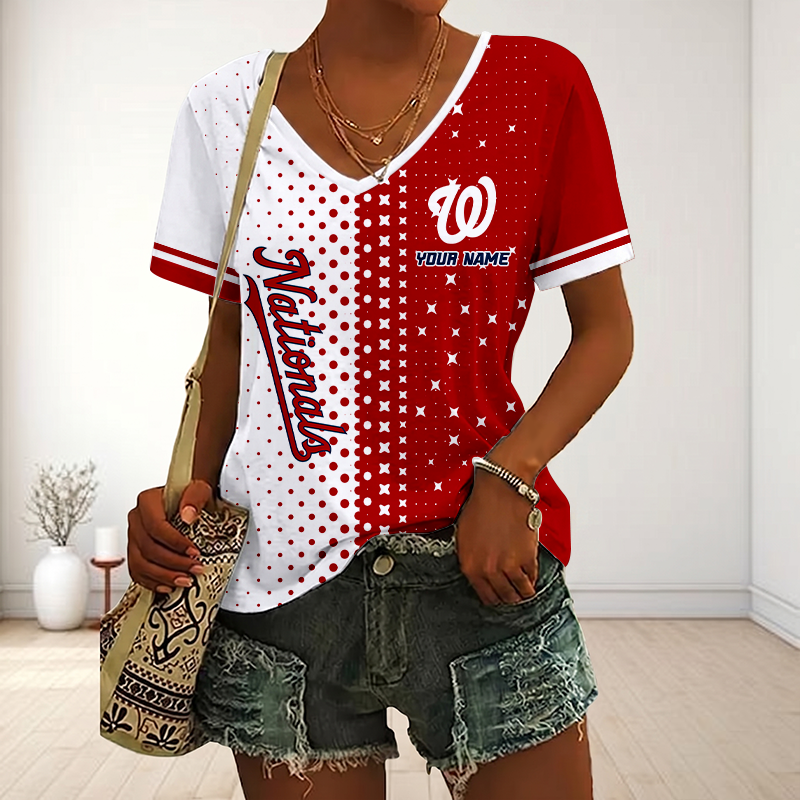 FINAL SALE - NEW CUSTOMIZED MLB28 WNS WASHINGTON NATIONALS V-NECK FEMALE SHIRT