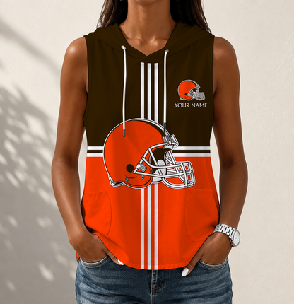 FINAL SALE - NEW CUSTOMIZED NFL29 CLB CLEVELAND BROWNS WOMEN'S SLEEVELESS HOODED POCKET TANK TOP