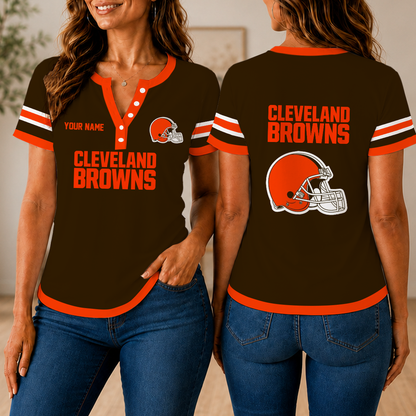 SPECIAL EDITION - NEW CUSTOMIZED NFL29 CLB CLEVELAND BROWNS WOMEN'S SHORT SLEEVE HENLEY T-SHIRT