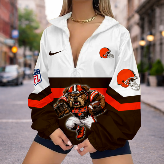 FINAL SALE - NEW CUSTOMIZED NFL29 CLB CLEVELAND BROWNS V-NECK ZIPPER SWEATSHIRT JACKET