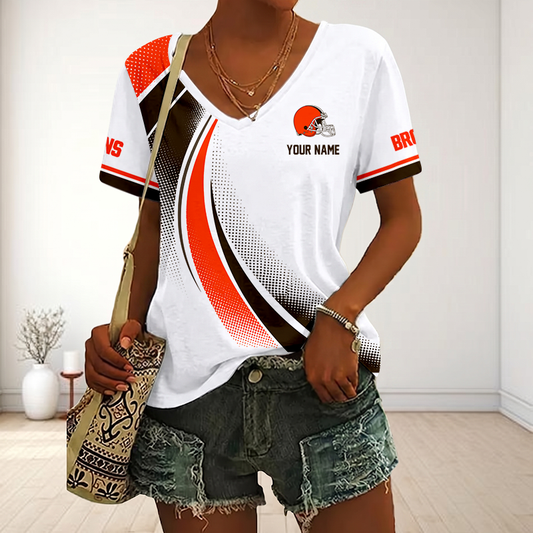 FINAL SALE - NEW CUSTOMIZED NFL29 CLB CLEVELAND BROWNS V-NECK FEMALE SHIRT