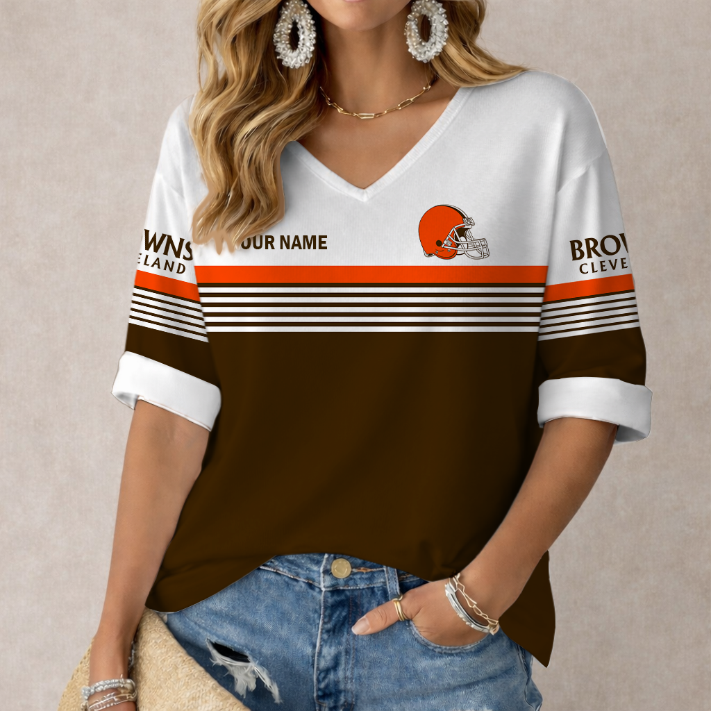 LIMITED EDITION - NEW CUSTOMIZED NFL29 CLB CLEVELAND KHAKIS WOMEN'S HEART V-NECK LONG SLEEVE SHIRT