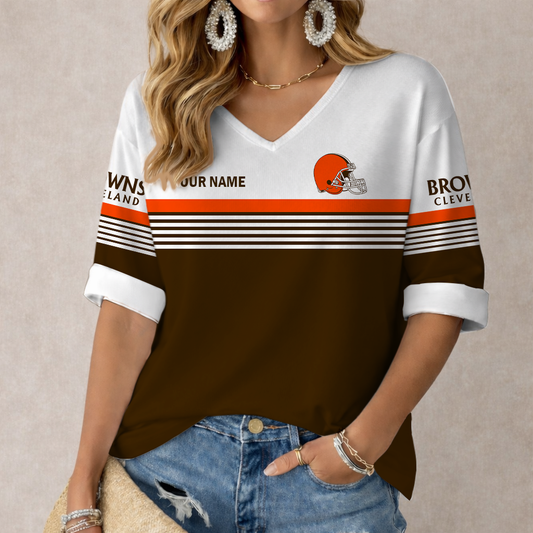 LIMITED EDITION - NEW CUSTOMIZED NFL29 CLB CLEVELAND KHAKIS WOMEN'S HEART V-NECK LONG SLEEVE SHIRT