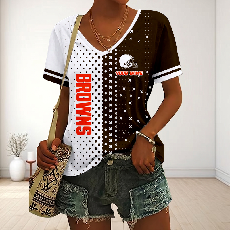 FINAL SALE - NEW CUSTOMIZED NFL29 CLB CLEVELAND BROWNS V-NECK FEMALE SHIRT