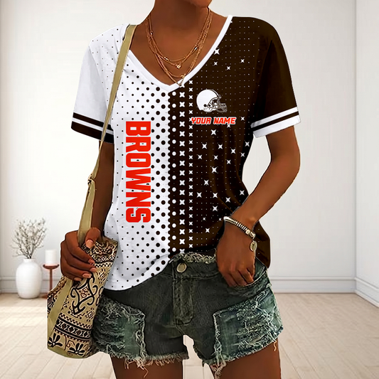 FINAL SALE - NEW CUSTOMIZED NFL29 CLB CLEVELAND BROWNS V-NECK FEMALE SHIRT